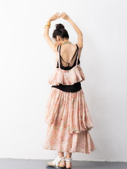 Sweet Mi Pearl Tassel Jacquard Butterfly Sling Dress Set