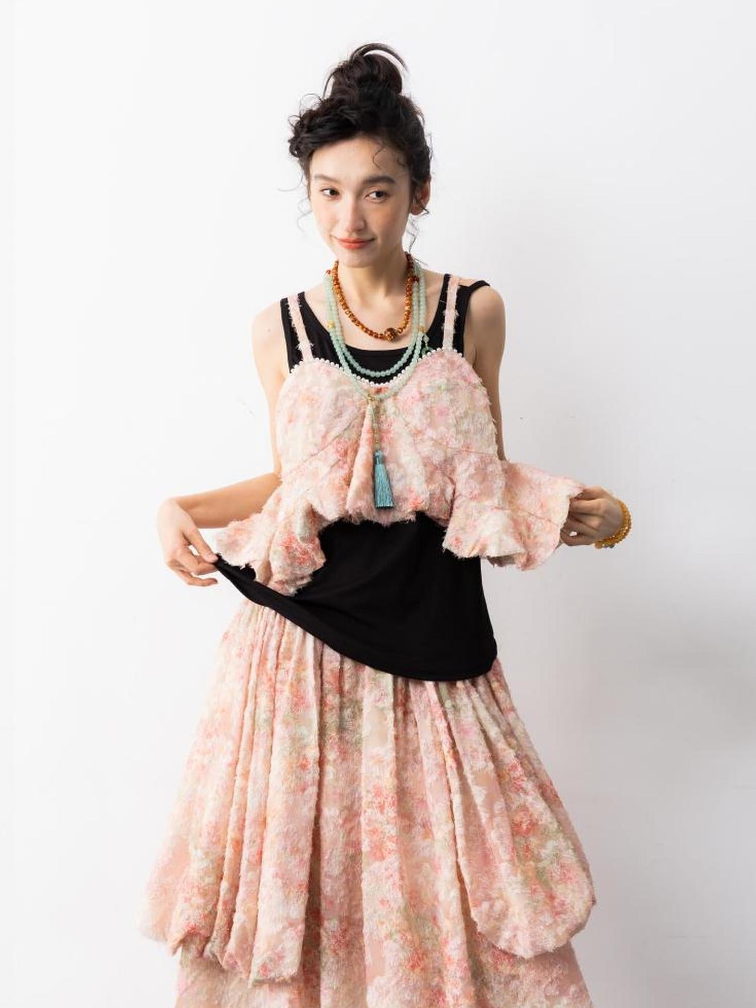 Sweet Mi Pearl Tassel Jacquard Butterfly Sling Dress Set