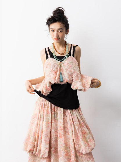 Sweet Mi Pearl Tassel Jacquard Butterfly Sling Dress Set