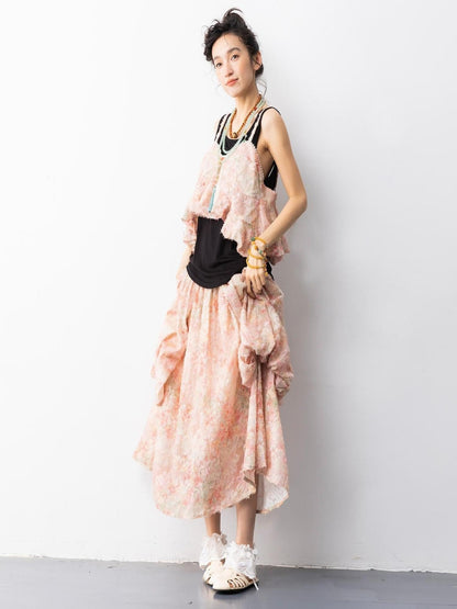 Sweet Mi Pearl Tassel Jacquard Butterfly Sling Dress Set
