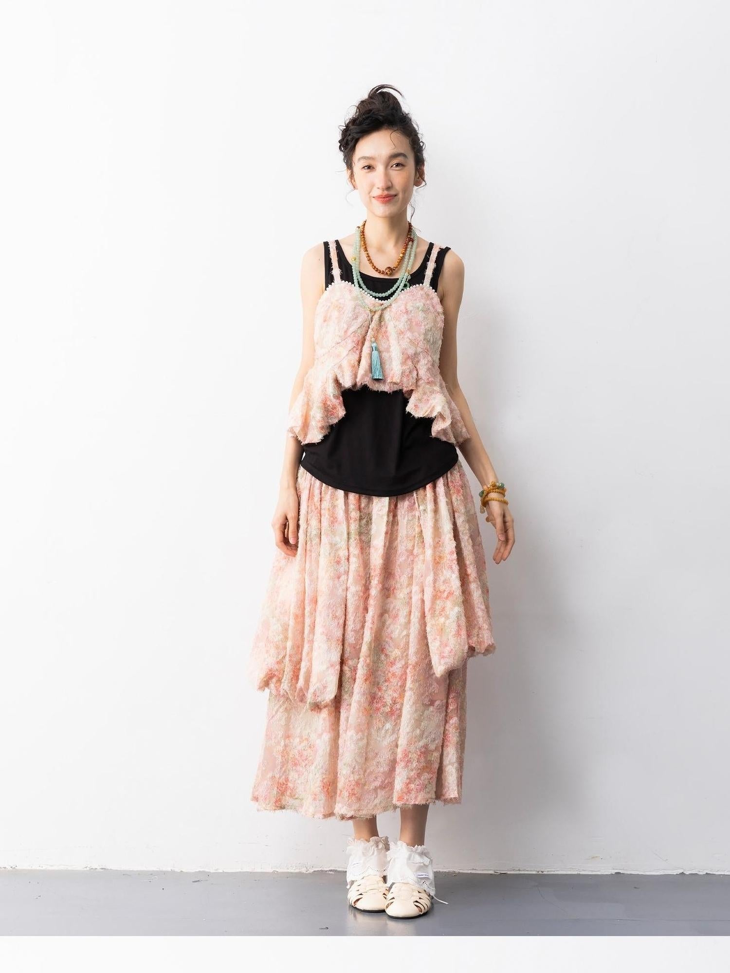 Sweet Mi Pearl Tassel Jacquard Butterfly Sling Dress Set
