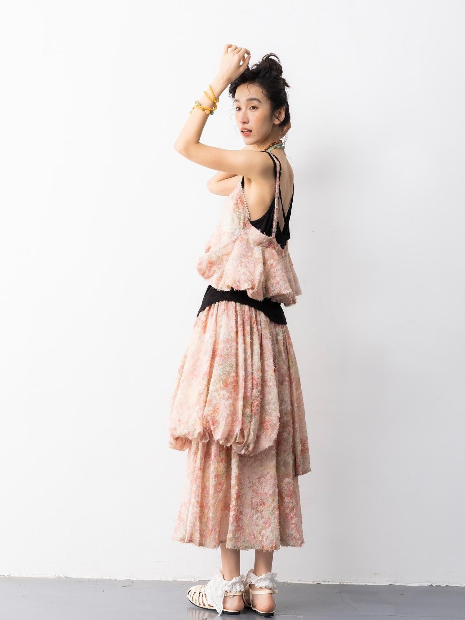 Sweet Mi Pearl Tassel Jacquard Butterfly Sling Dress Set