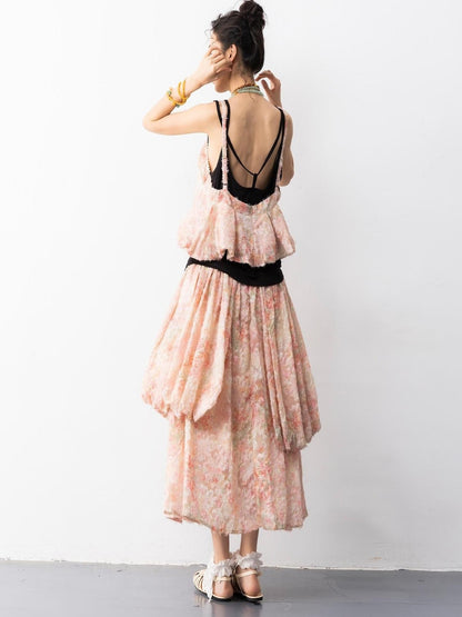 Sweet Mi Pearl Tassel Jacquard Butterfly Sling Dress Set