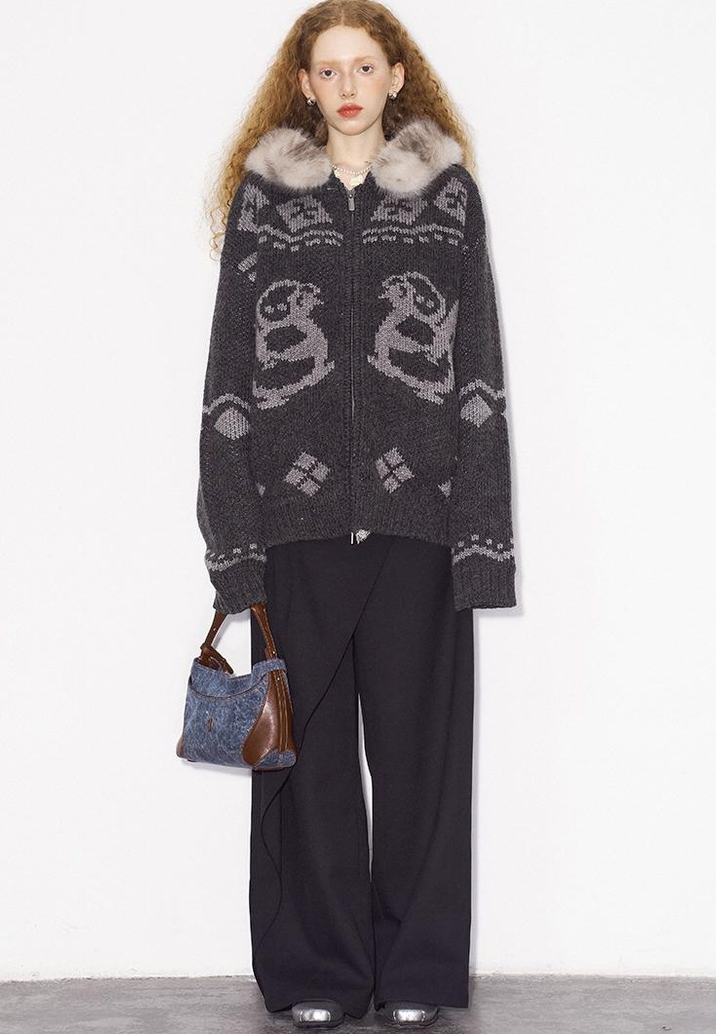 DIDDI MODA Penguin Fair Isle Hooded Cardigan With Detachable Fur Collar