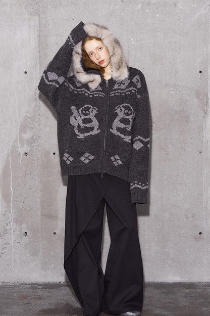DIDDI MODA Penguin Fair Isle Hooded Cardigan With Detachable Fur Collar