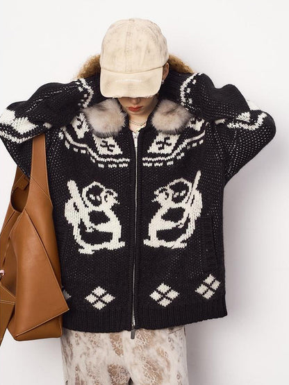DIDDI MODA Penguin Fair Isle Hooded Cardigan With Detachable Fur Collar
