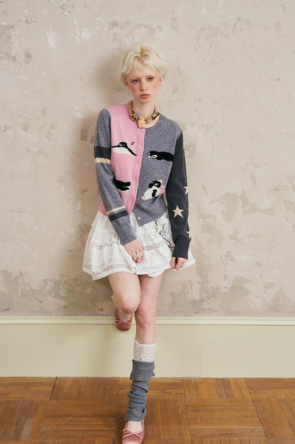 DIDDI MODA Penguin Patch Asymmetrical Knit Cardigan