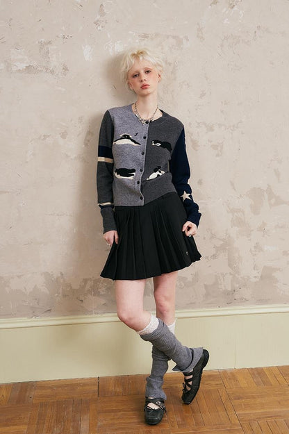 DIDDI MODA Penguin Patch Asymmetrical Knit Cardigan