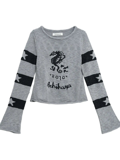 Oil Seahorse Colorblock Knit Sweater V-neck T-shirt Long-Sleeve