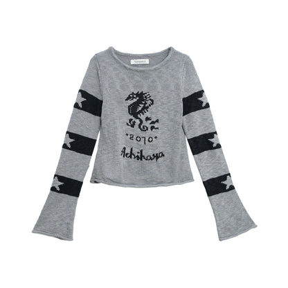Achihara Oil Seahorse Colorblock Knit Sweater V-neck T-shirt Long-Sleeve
