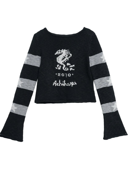 Oil Seahorse Colorblock Knit Sweater V-neck T-shirt Long-Sleeve