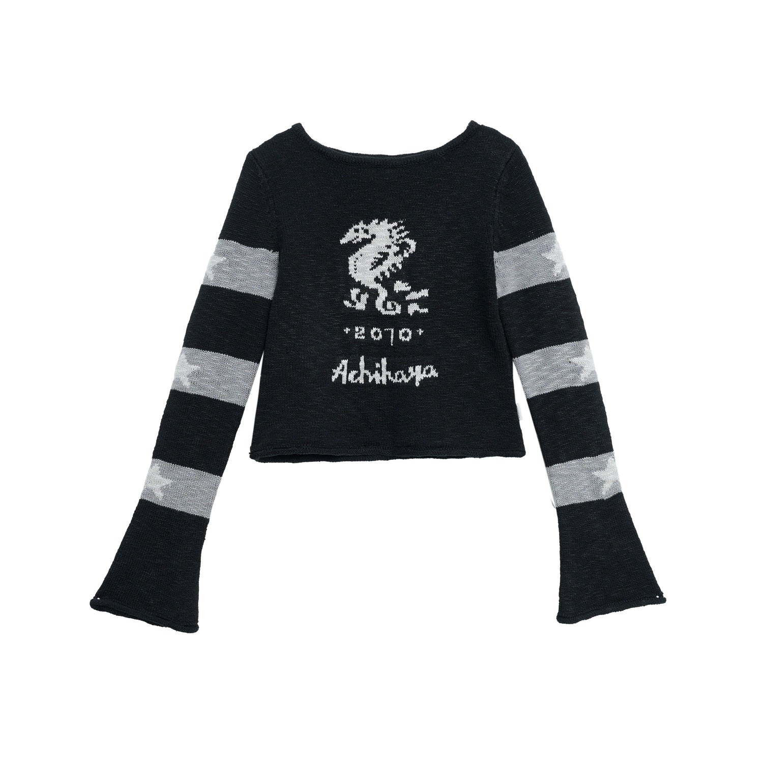 Achihara Oil Seahorse Colorblock Knit Sweater V-neck T-shirt Long-Sleeve