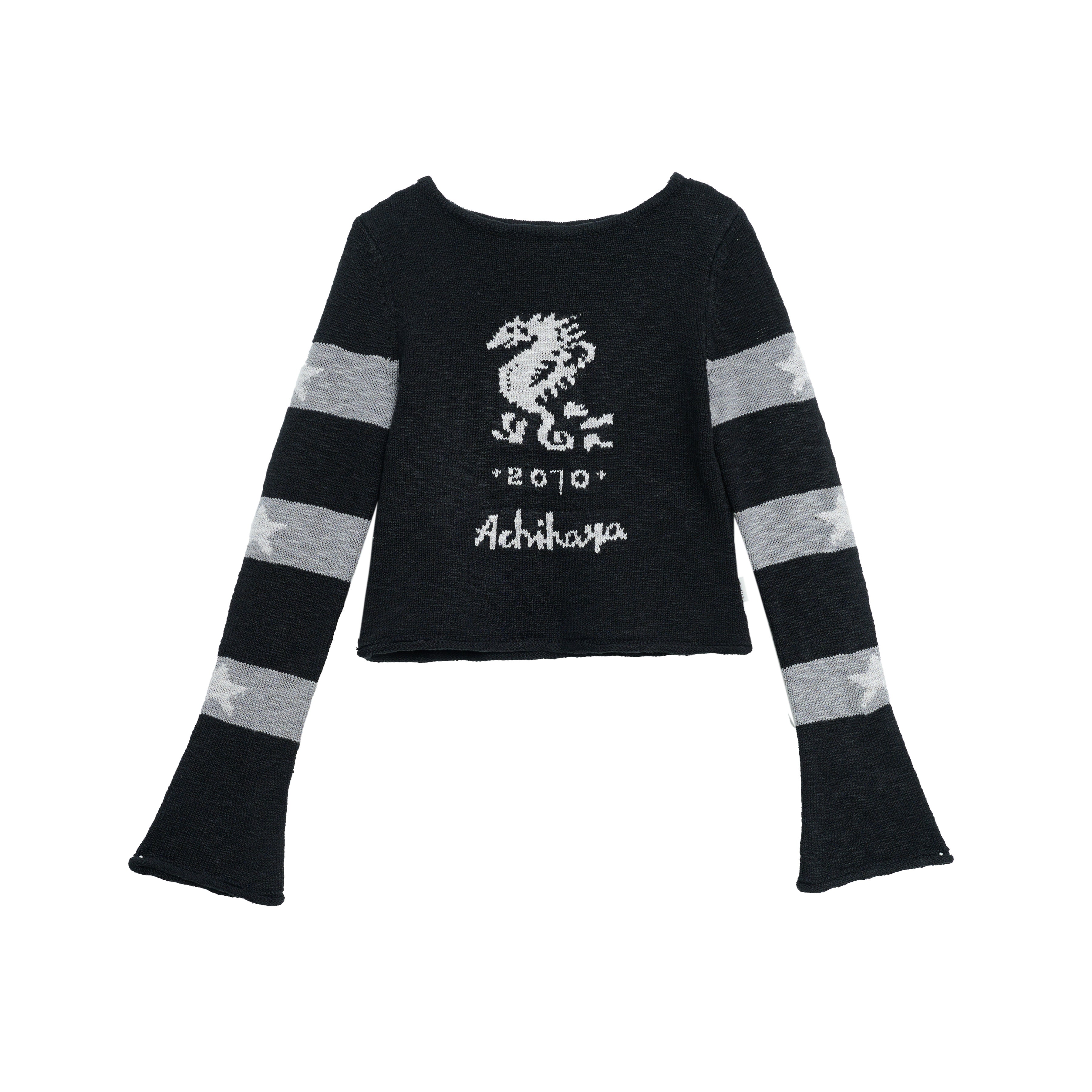 Achihara Oil Seahorse Colorblock Knit Sweater V-neck T-shirt Long-Sleeve
