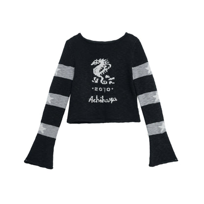 Achihara Oil Seahorse Colorblock Knit Sweater V-neck T-shirt Long-Sleeve