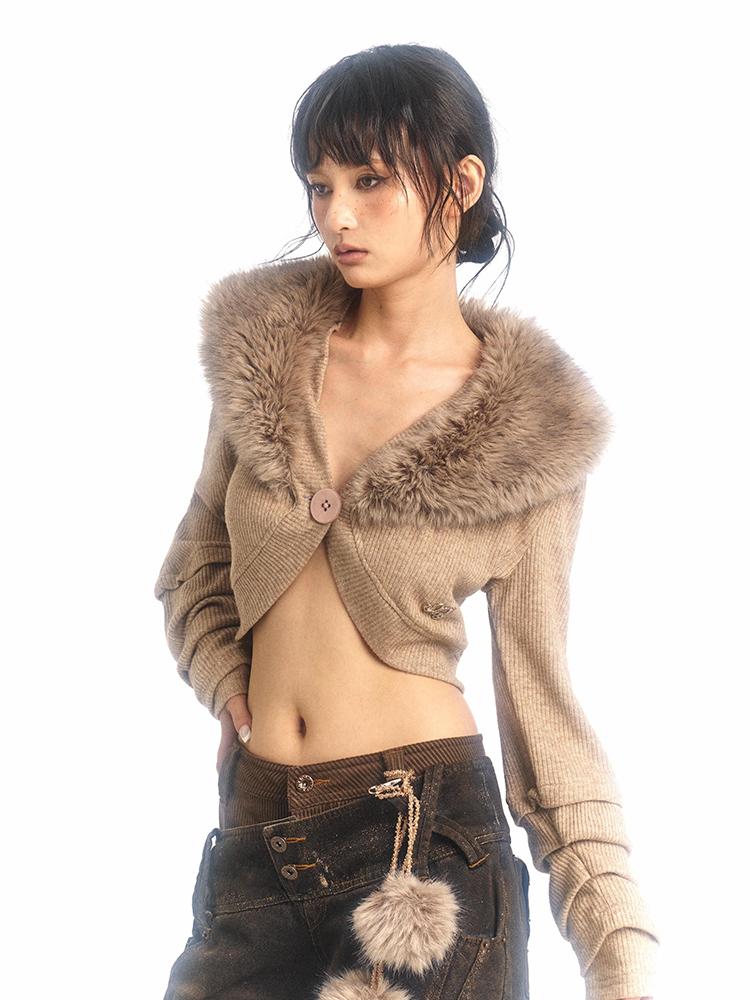 Flowers birds Market Pile-Sleeve Fur Collar Short Knitted Cardigan Coat