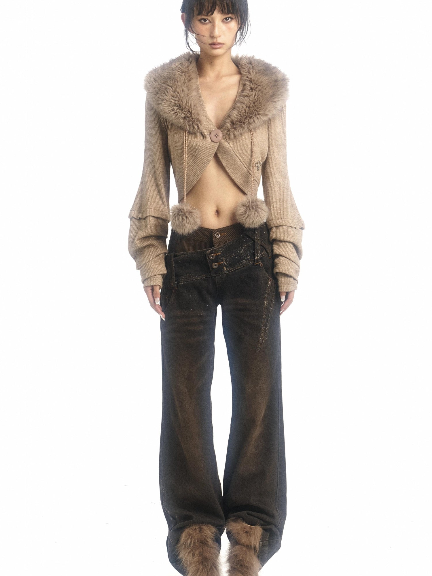 Flowers birds Market Pile-Sleeve Fur Collar Short Knitted Cardigan Coat