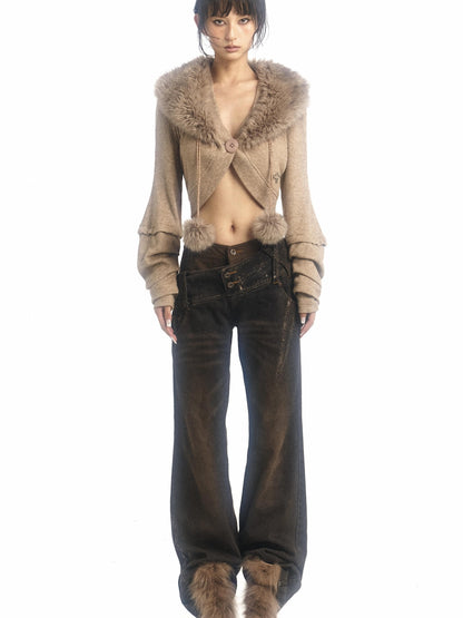 Flowers birds Market Pile-Sleeve Fur Collar Short Knitted Cardigan Coat