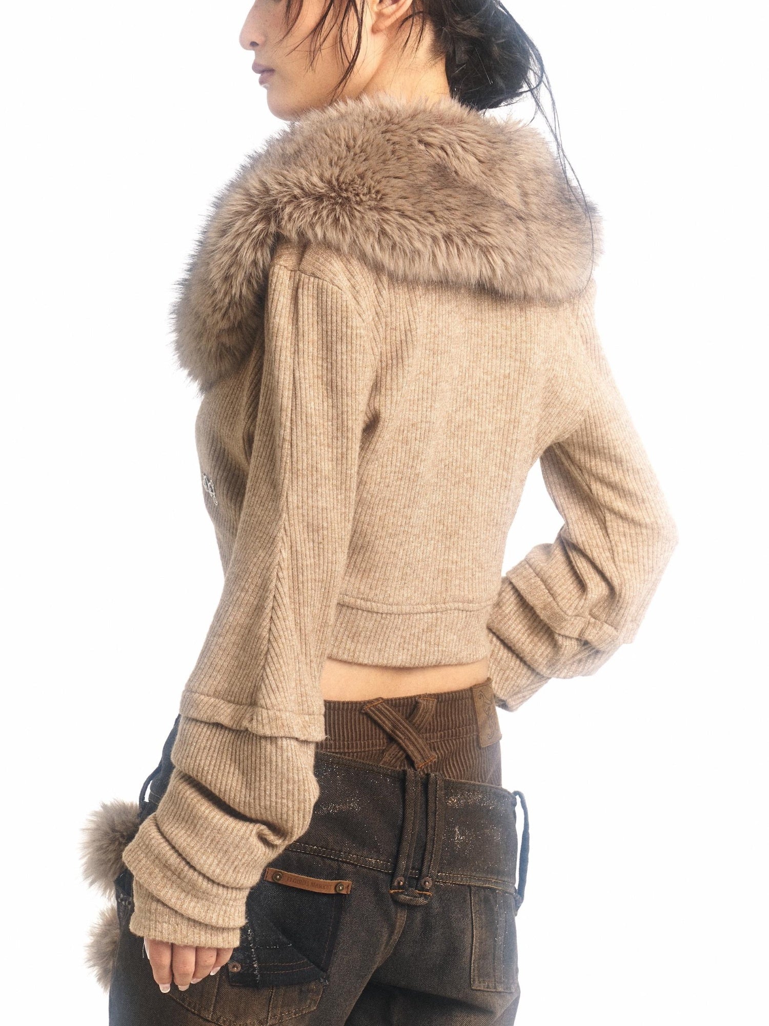 Flowers birds Market Pile-Sleeve Fur Collar Short Knitted Cardigan Coat