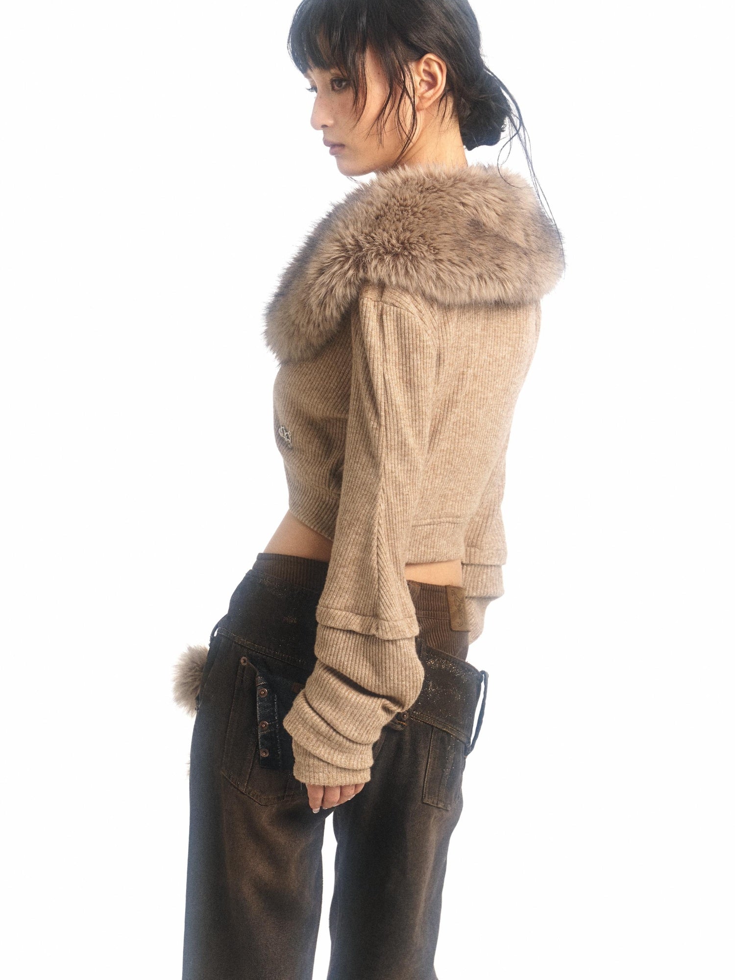 Flowers birds Market Pile-Sleeve Fur Collar Short Knitted Cardigan Coat