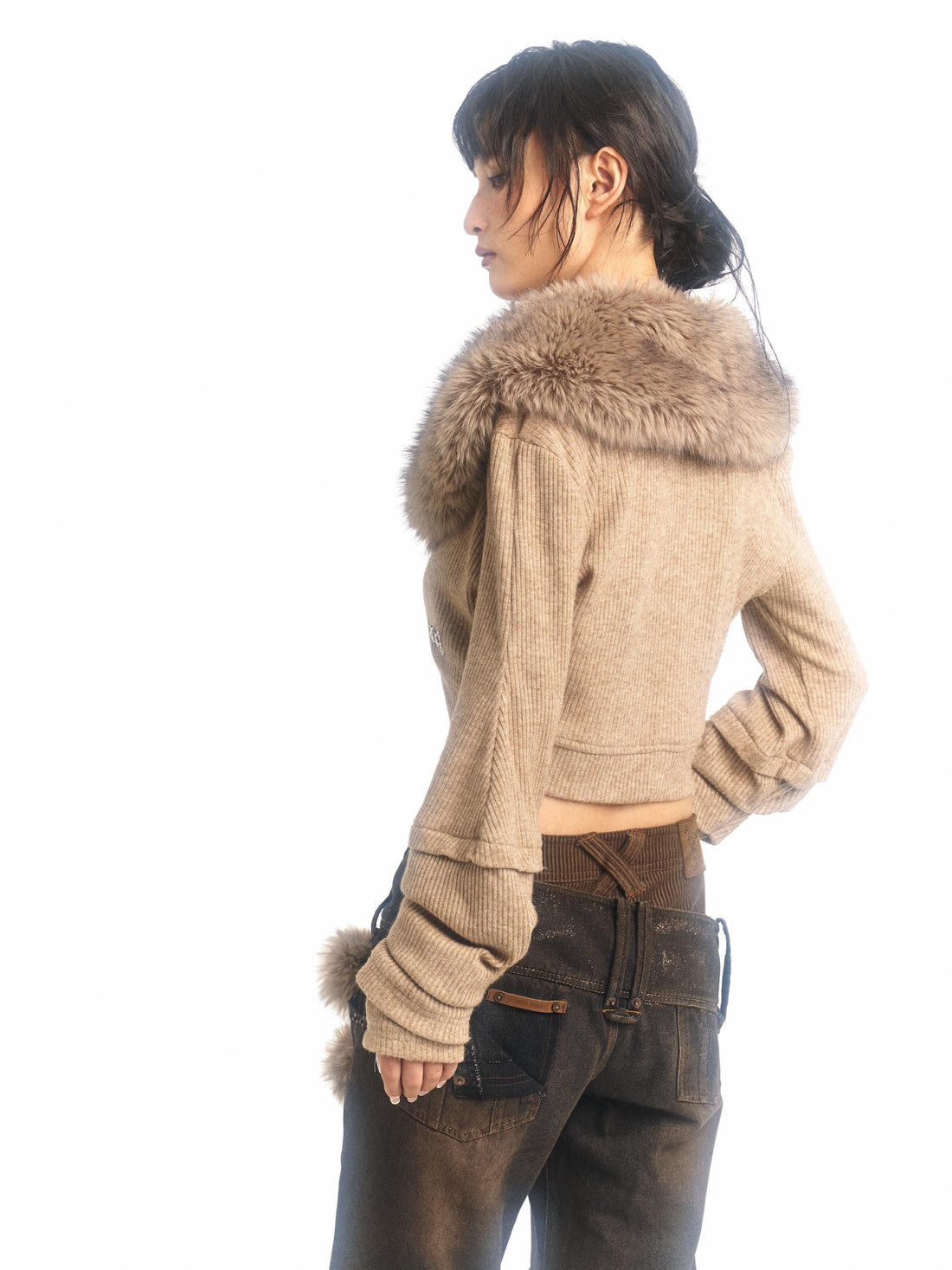 Flowers birds Market Pile-Sleeve Fur Collar Short Knitted Cardigan Coat