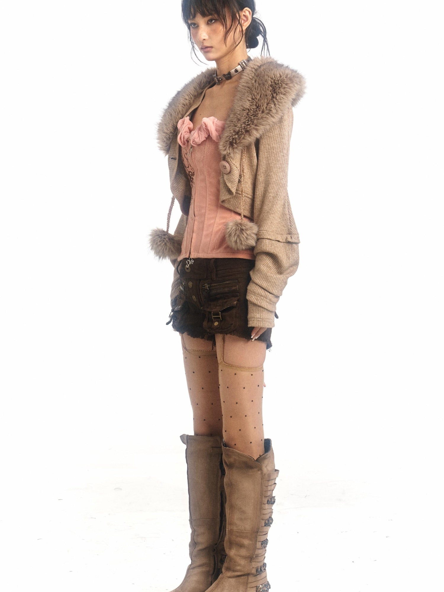 Flowers birds Market Pile-Sleeve Fur Collar Short Knitted Cardigan Coat