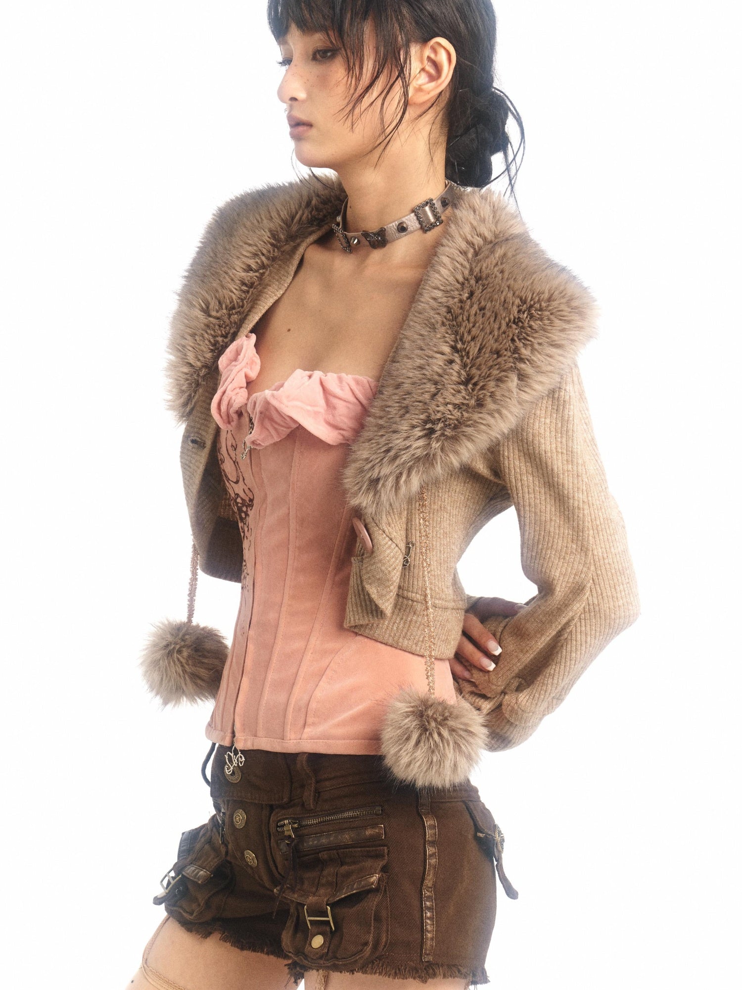 Flowers birds Market Pile-Sleeve Fur Collar Short Knitted Cardigan Coat