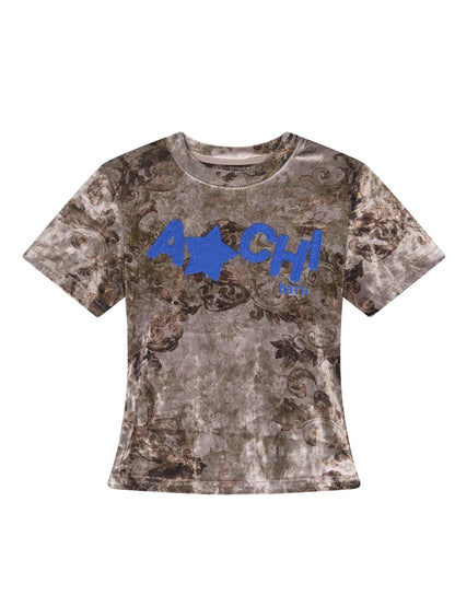 Pinecone Velvet Tee Retro Print Slim Fit Short Sleeve