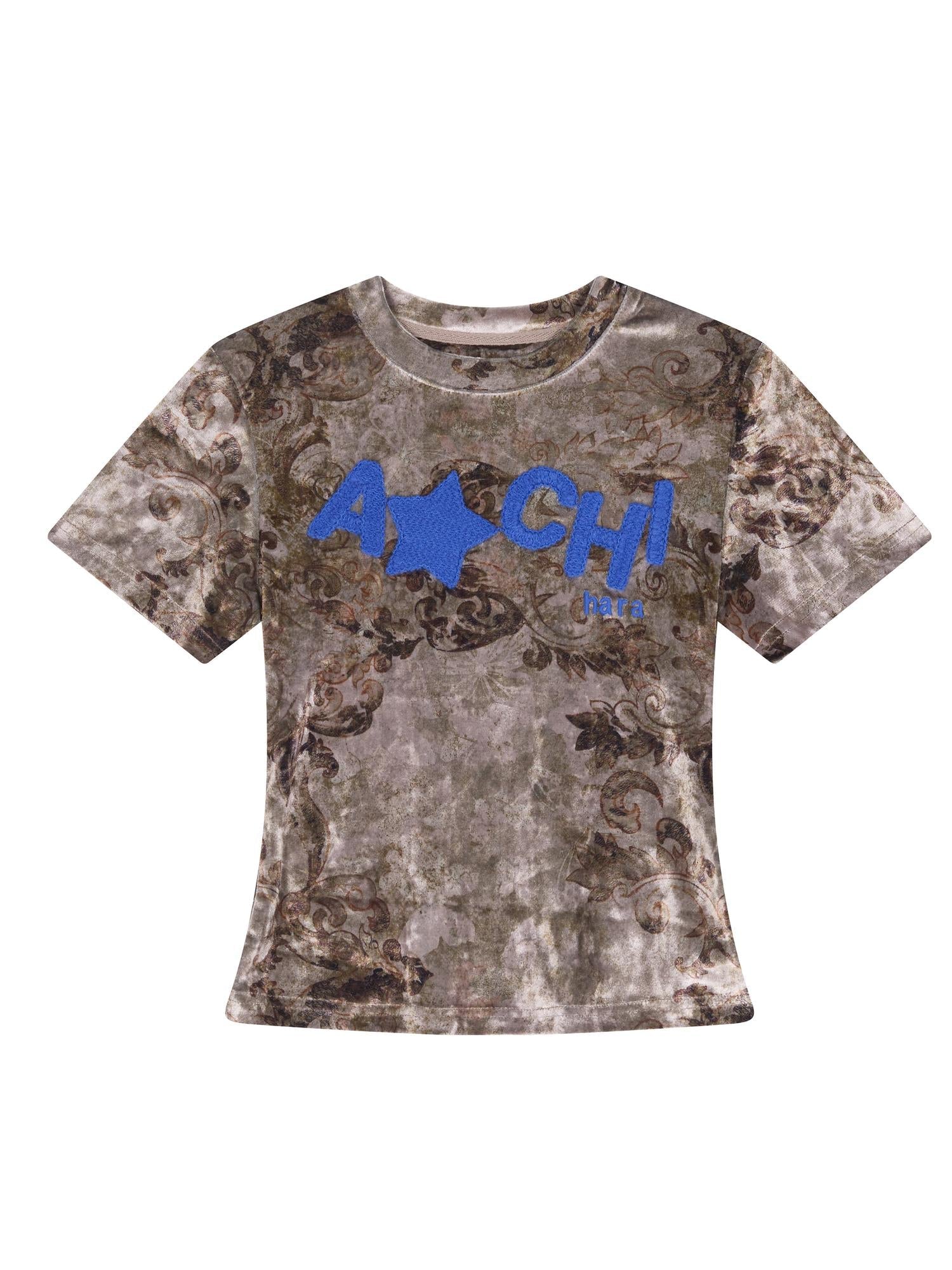 Achihara Pinecone Velvet Tee Retro Print Slim Fit Short Sleeve