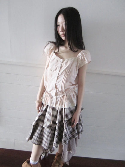 Lace Trimmed Tied Waist Pleated Short Sleeve Blouse