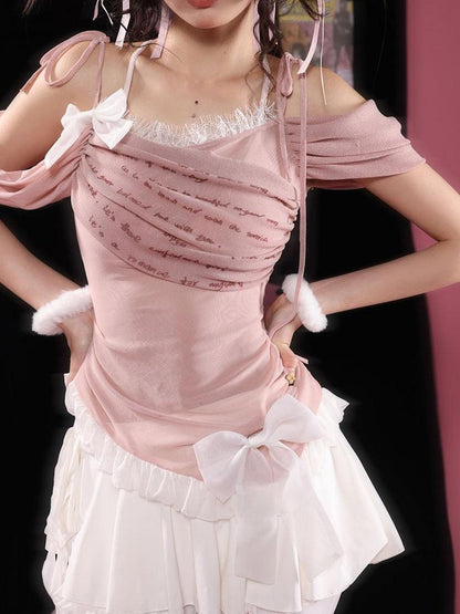 WSW WUSHENWU Pink Blue Asymmetrical Ballet Stretch Mesh Top