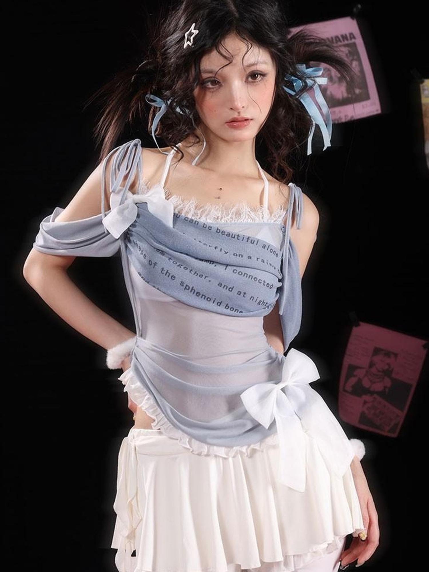 WSW WUSHENWU Pink Blue Asymmetrical Ballet Stretch Mesh Top