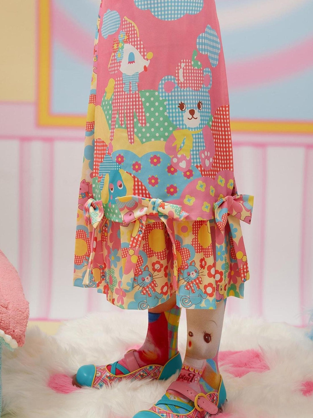 Frufru Gulu Pink Deer Print Pleated Skirt Winter Cute Slim Fit Girls A Line