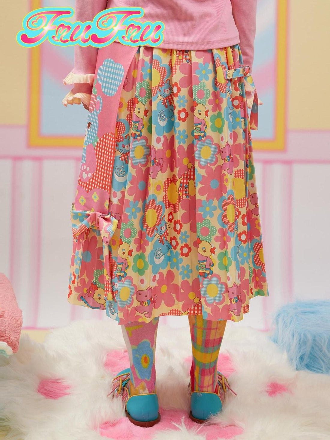 Frufru Gulu Pink Deer Print Pleated Skirt Winter Cute Slim Fit Girls A Line
