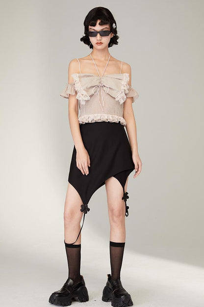 DIDDI MODA Pink Gingham Halter Bow Lace Pure Desire Top