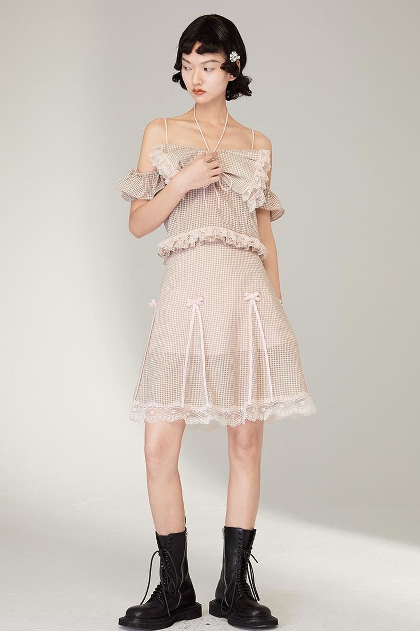 DIDDI MODA Pink Gingham Halter Bow Lace Pure Desire Top