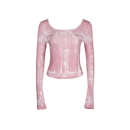 ALINNV STUDIO Digital Denim Print Cropped Long Sleeve Tee