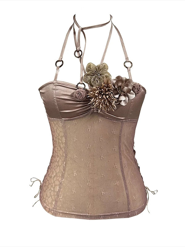 Sheer Mesh Floral Embellished Adjustable Strap V Neck Top