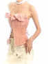 Pink Printed Deformable Pleated Lace Corset Zipper Tie V-Neck Top