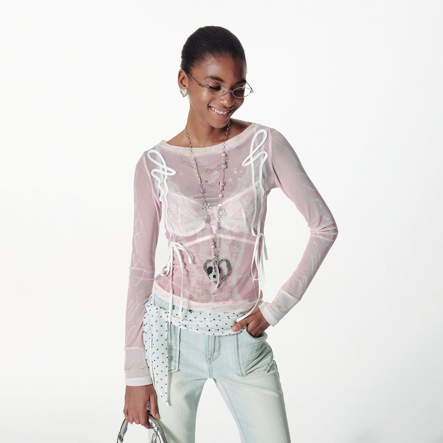 2th Desire Lace Mesh Neckline Printed Sheer Sunshade Long Sleeve T-Shirt