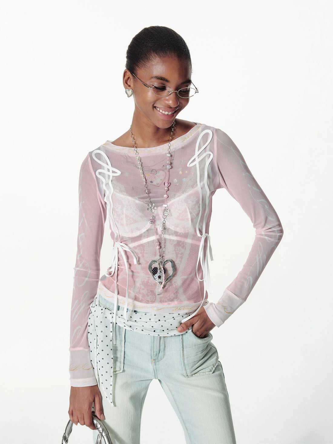 Lace Mesh Neckline Printed Sheer Sunshade Long Sleeve T-Shirt