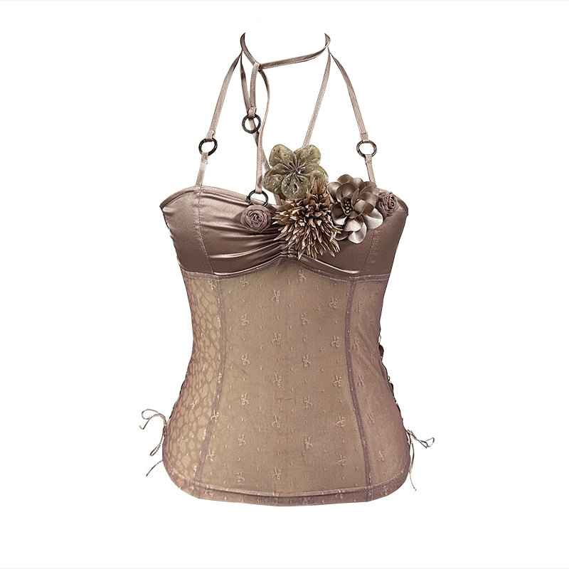 Update OPEN AESTHETIC Sheer Mesh Floral Embellished Adjustable Strap V Neck Top