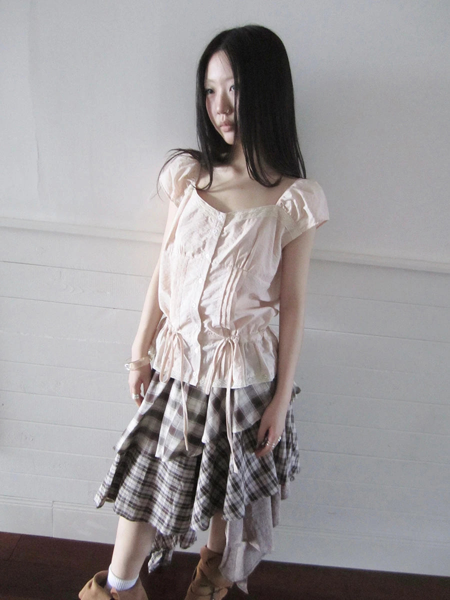 Lace Trimmed Tied Waist Pleated Short Sleeve Blouse