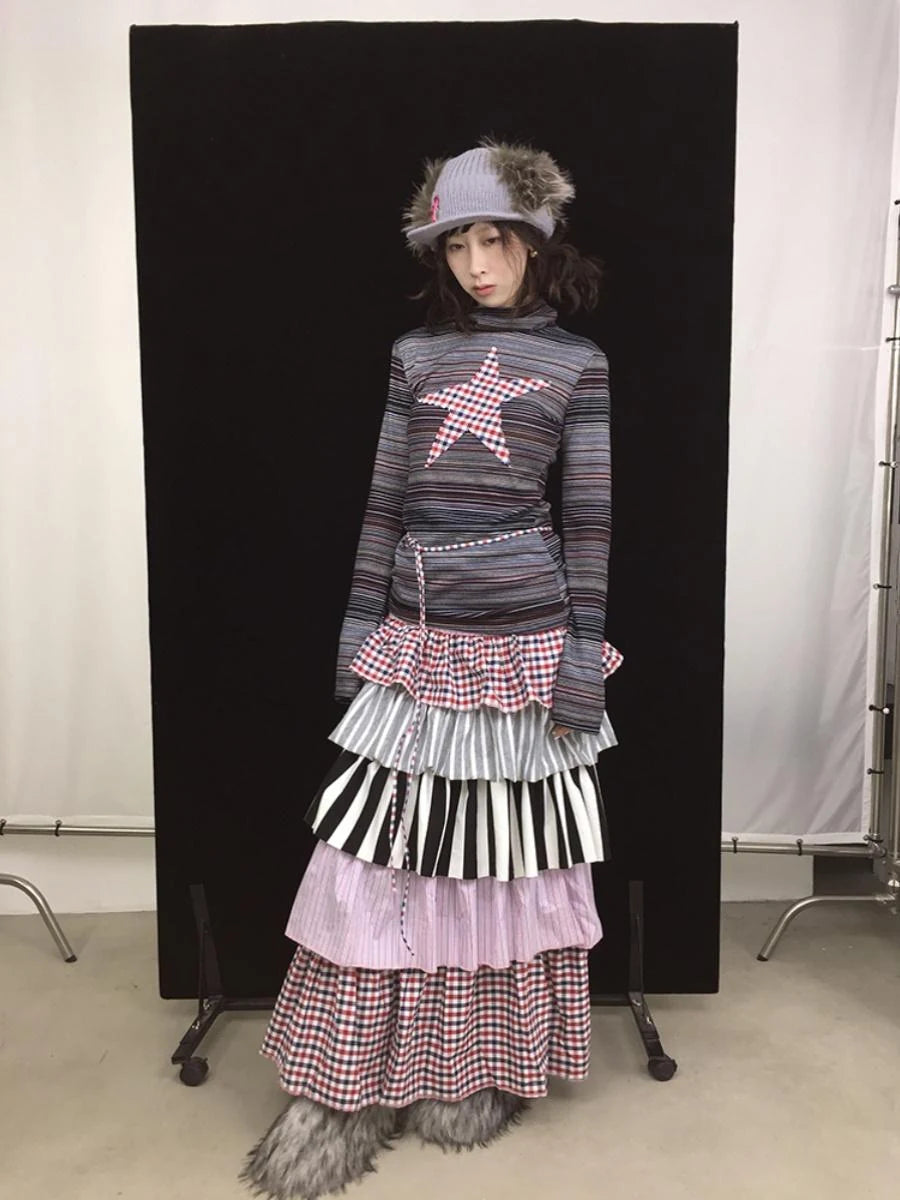 Pink Layered Striped Knit Tiered Cake Dresses