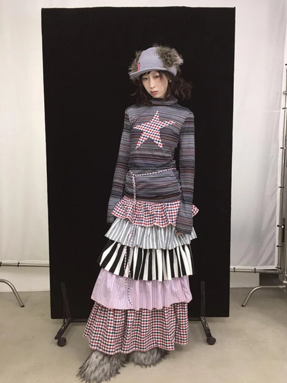 Pink Layered Striped Knit Tiered Cake Dresses