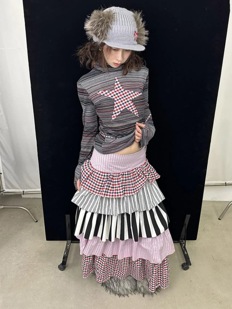 Pink Layered Striped Knit Tiered Cake Dresses