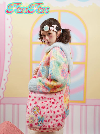 Frufru Gulu Pink Leopard Faux Fur Crossbody Bag With Brooch