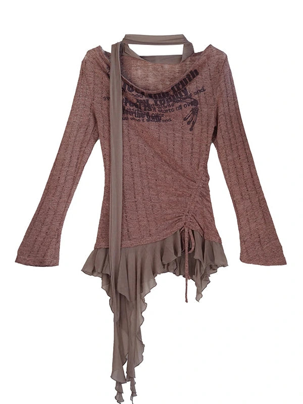 Graffiti Swing Collar Peplum Print Knit Top