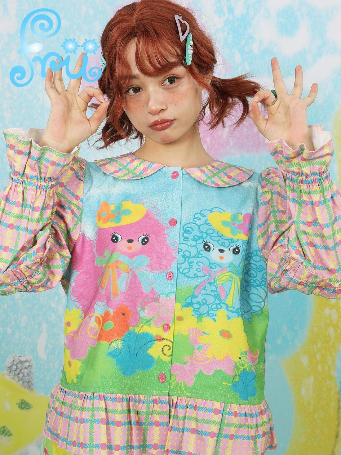 Frufru Gulu Pink Puppy Girl Autumn Winter Plaid Shirt