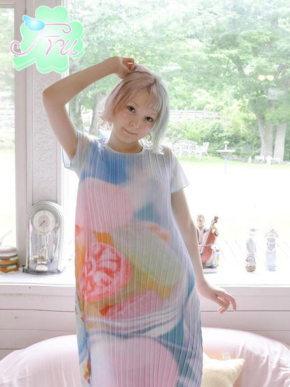 Frufru Gulu Pink Puppy Print Pleated Summer Dress For Girls