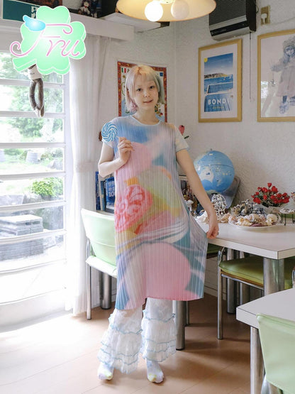 Frufru Gulu Pink Puppy Print Pleated Summer Dress For Girls